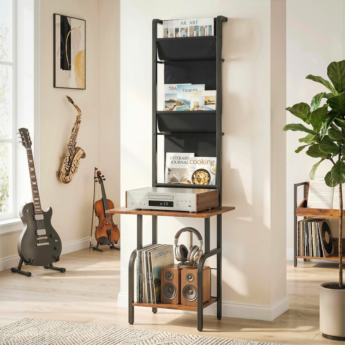 Pramoninio stiliaus medijos lentyna-staliukas su 3 medžiaginėmis kišenėmis – Paveikslėlis 2