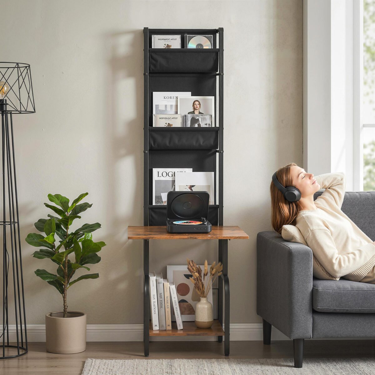 Pramoninio stiliaus medijos lentyna-staliukas su 3 medžiaginėmis kišenėmis – Paveikslėlis 9