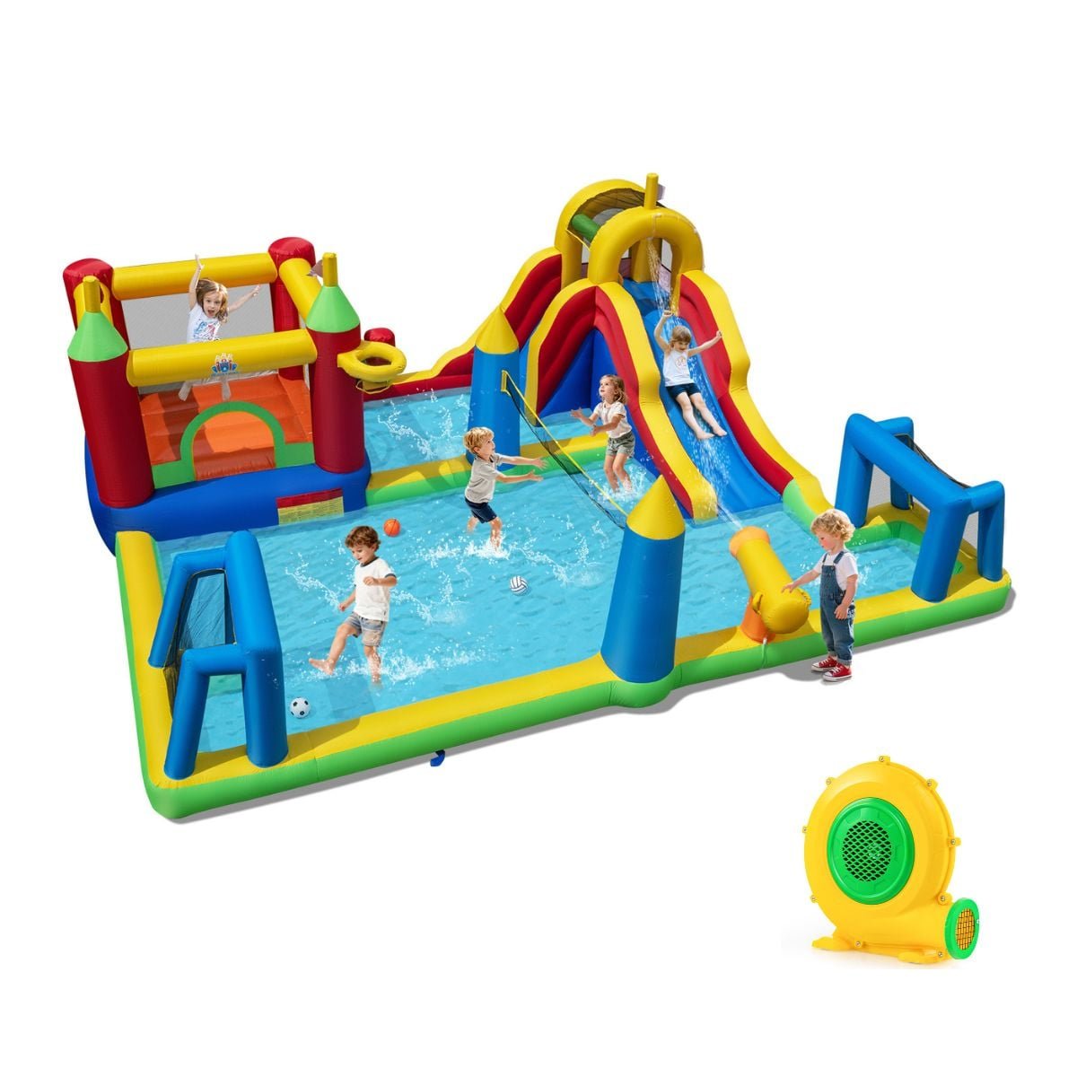 Pripučiamas vandens parkas su čiuožykla ir laipiojimo sienele (Spalvota)