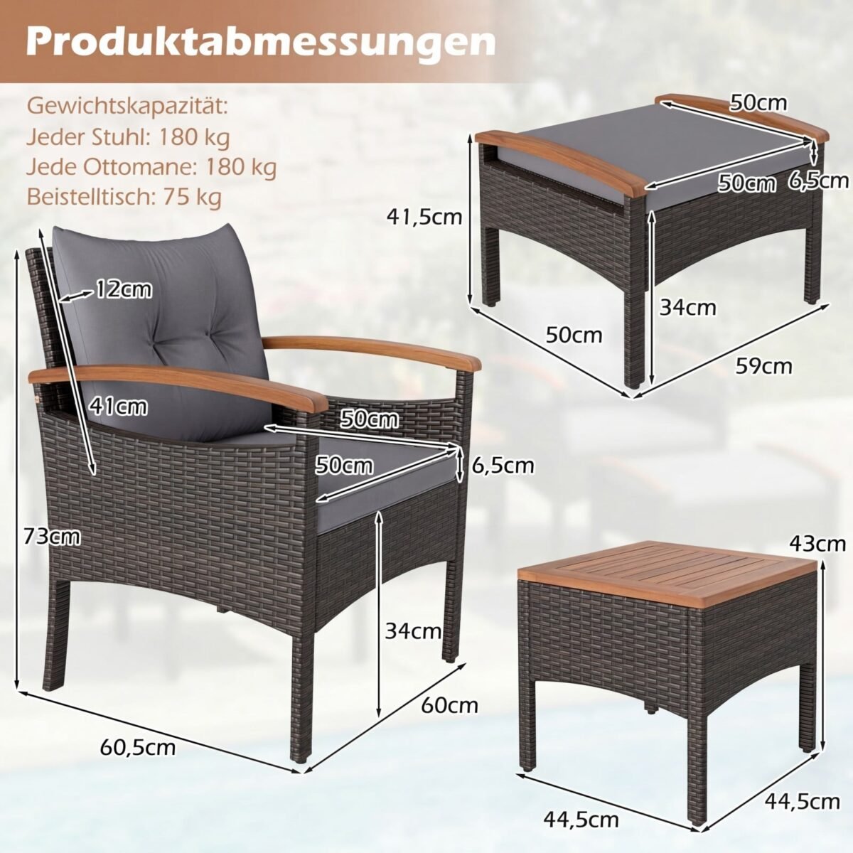 Rataninis lauko baldų komplektas su 2 kėdėmis ir akacijos medienos elementais (Pilka) – Paveikslėlis 2