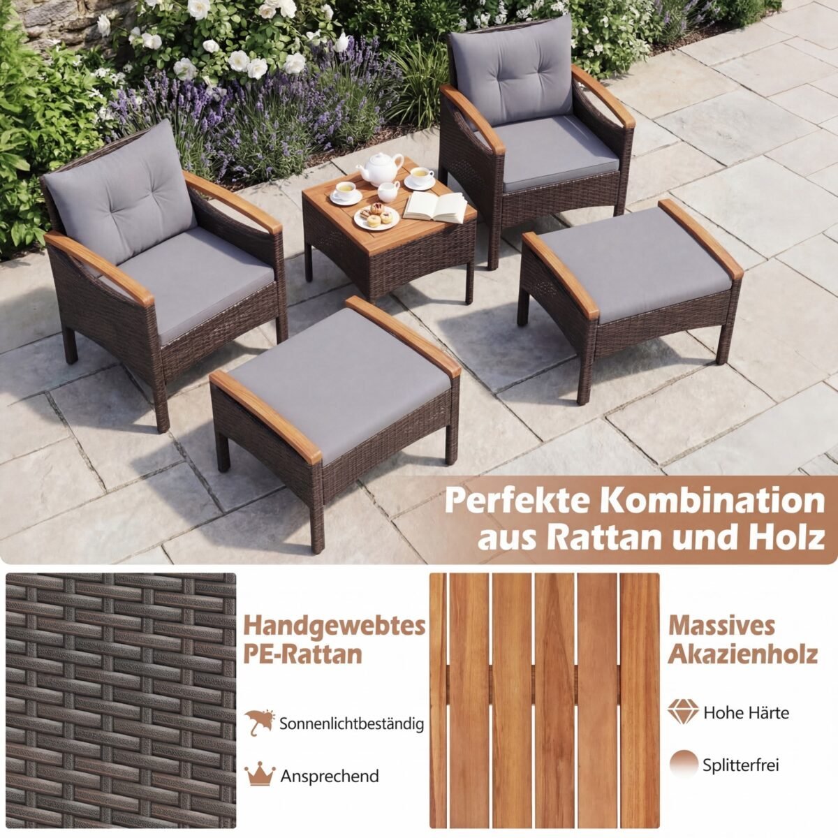 Rataninis lauko baldų komplektas su 2 kėdėmis ir akacijos medienos elementais (Pilka) – Paveikslėlis 3