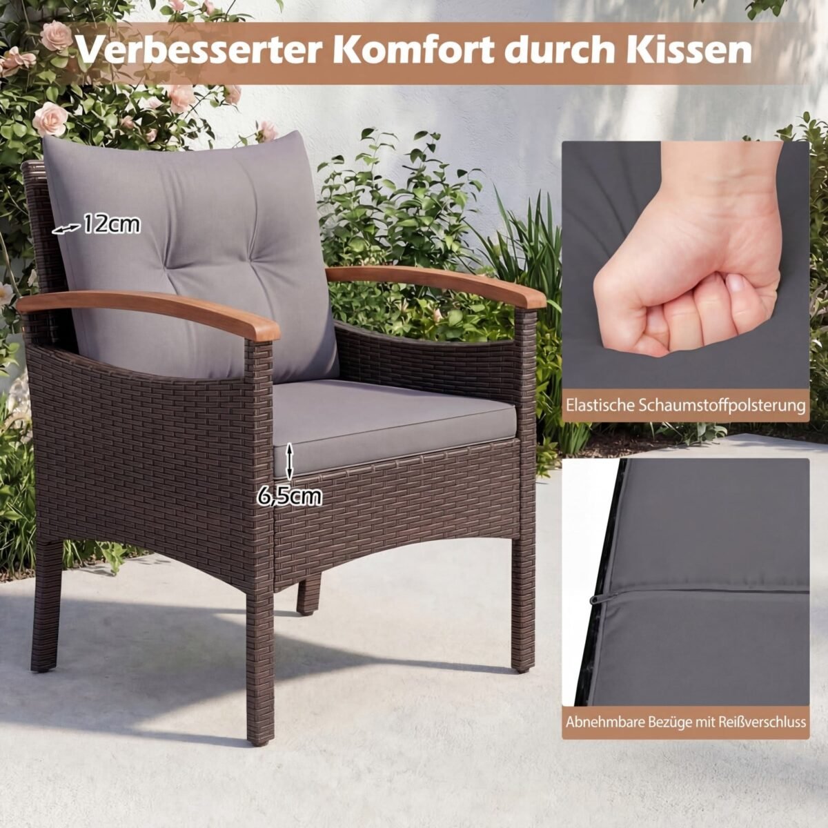 Rataninis lauko baldų komplektas su 2 kėdėmis ir akacijos medienos elementais (Pilka) – Paveikslėlis 4