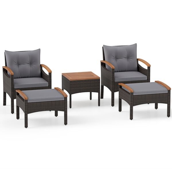 Rataninis lauko baldų komplektas su 2 kėdėmis ir akacijos medienos elementais (Pilka)