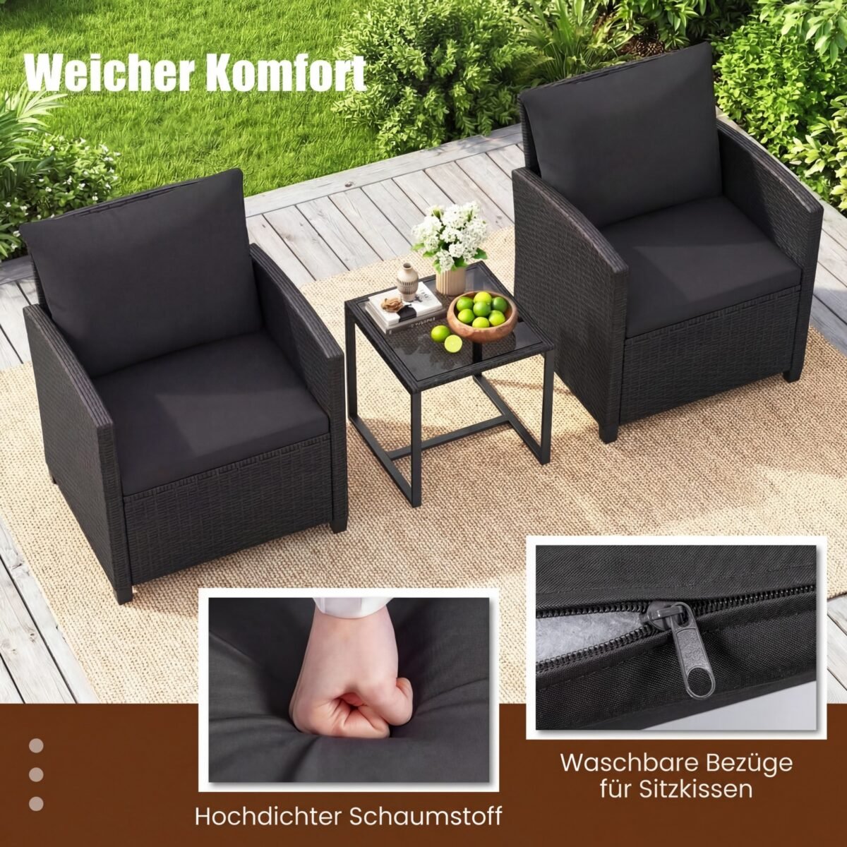 Rataninis lauko baldų komplektas su 2 kėdėmis ir stiklo staliuku (Juoda) – Paveikslėlis 5