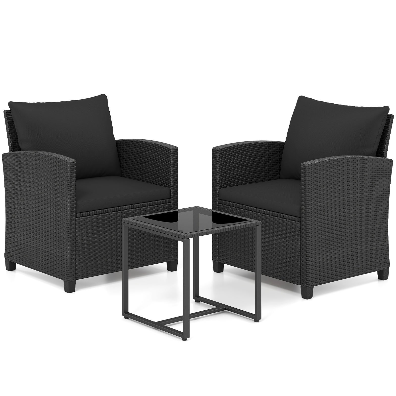 Rataninis lauko baldų komplektas su 2 kėdėmis ir stiklo staliuku (Juoda)