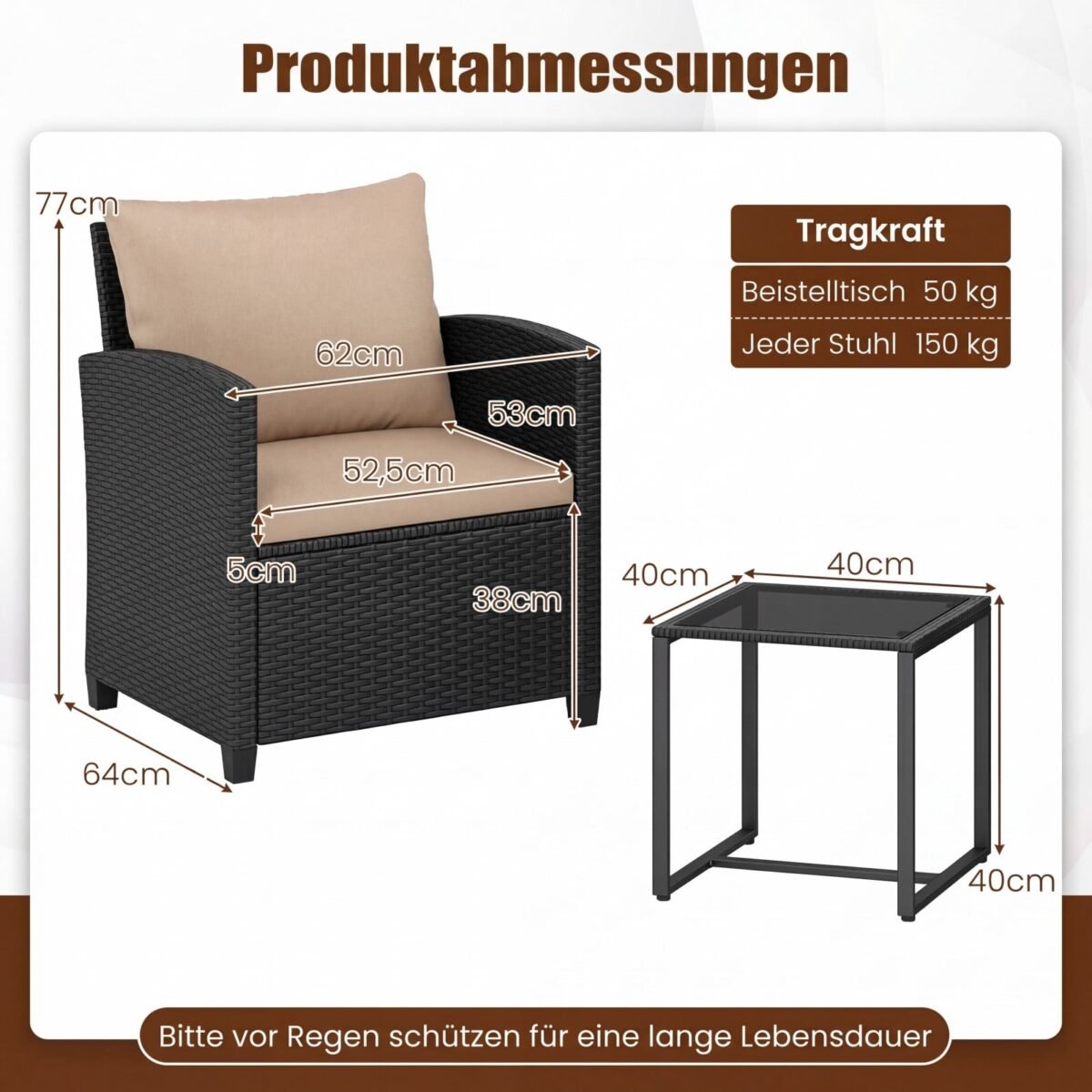 Rataninis lauko baldų komplektas su stiklo staliuku ir minkštomis pagalvėlėmis (Chaki) – Paveikslėlis 2