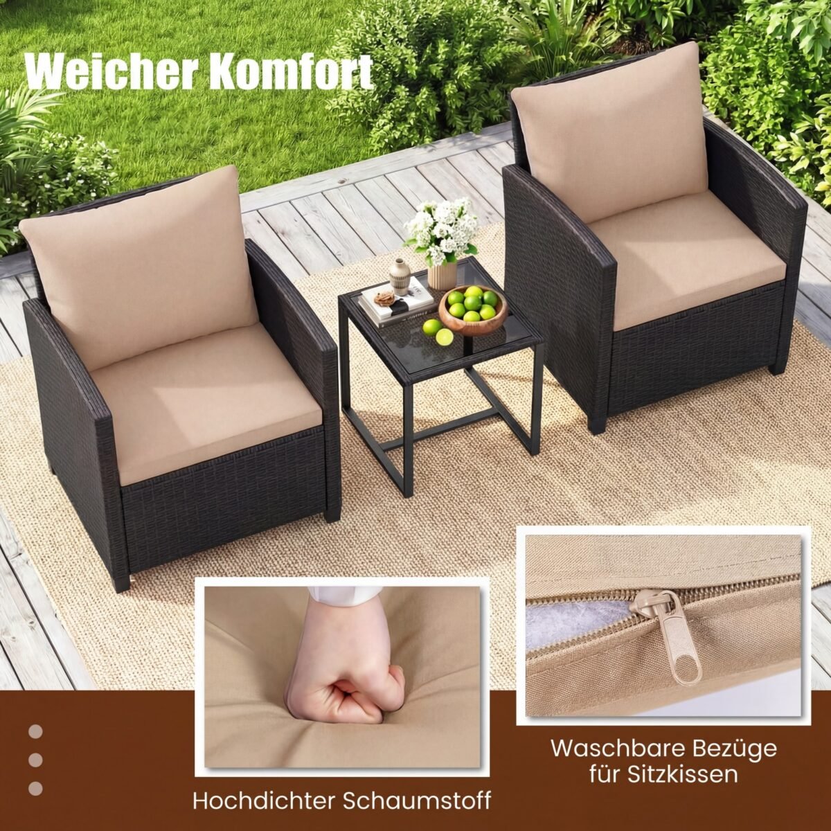 Rataninis lauko baldų komplektas su stiklo staliuku ir minkštomis pagalvėlėmis (Chaki) – Paveikslėlis 5