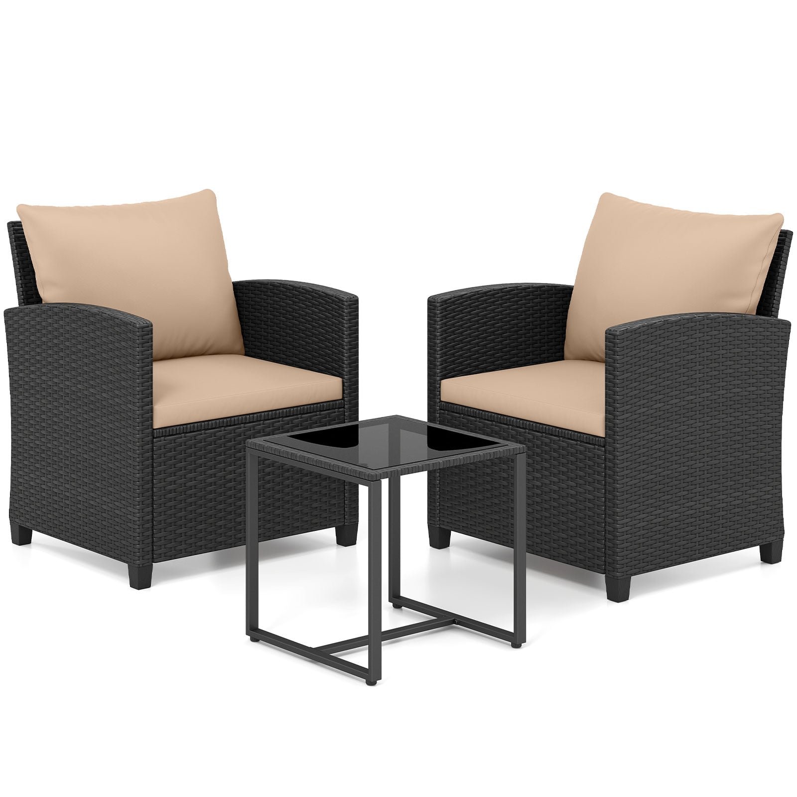 Rataninis lauko baldų komplektas su stiklo staliuku ir minkštomis pagalvėlėmis (Chaki)