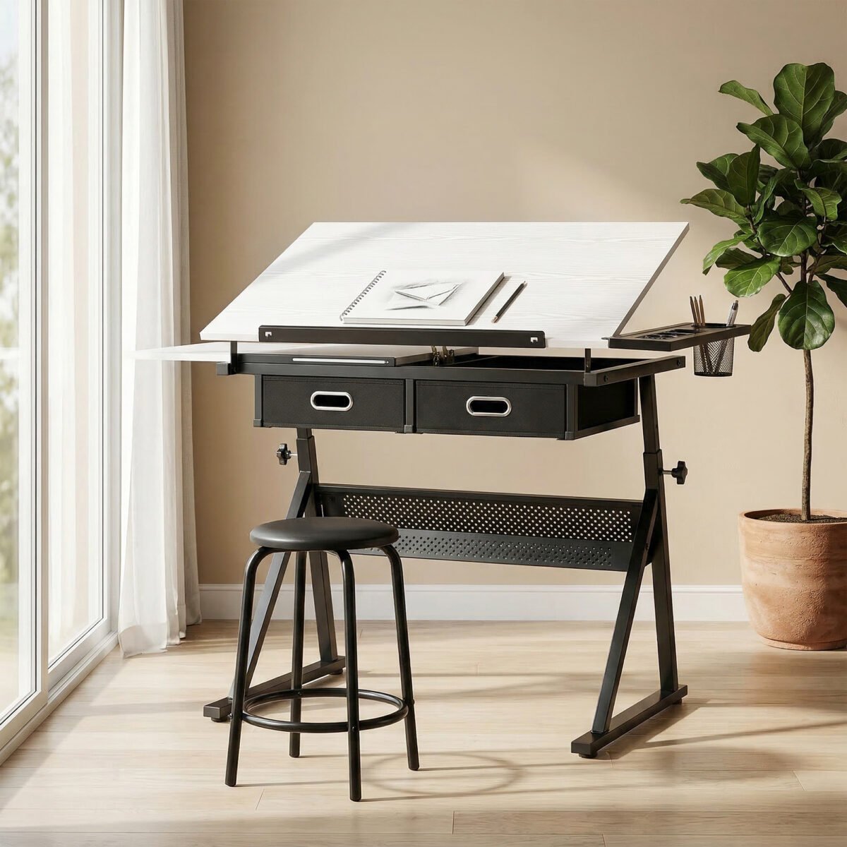 Reguliuojamo aukščio ir pasvirimo piešimo stalas su kėde ir stalčiais – Paveikslėlis 2