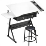 Reguliuojamo aukščio ir pasvirimo piešimo stalas su kėde ir stalčiais