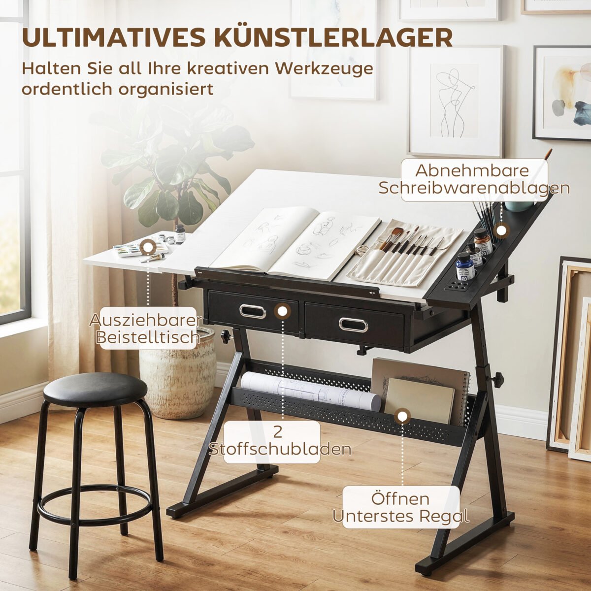 Reguliuojamo aukščio ir pasvirimo piešimo stalas su kėde ir stalčiais – Paveikslėlis 5