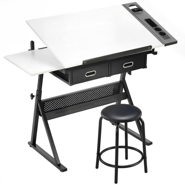 Reguliuojamo aukščio ir pasvirimo piešimo stalas su kėde ir stalčiais