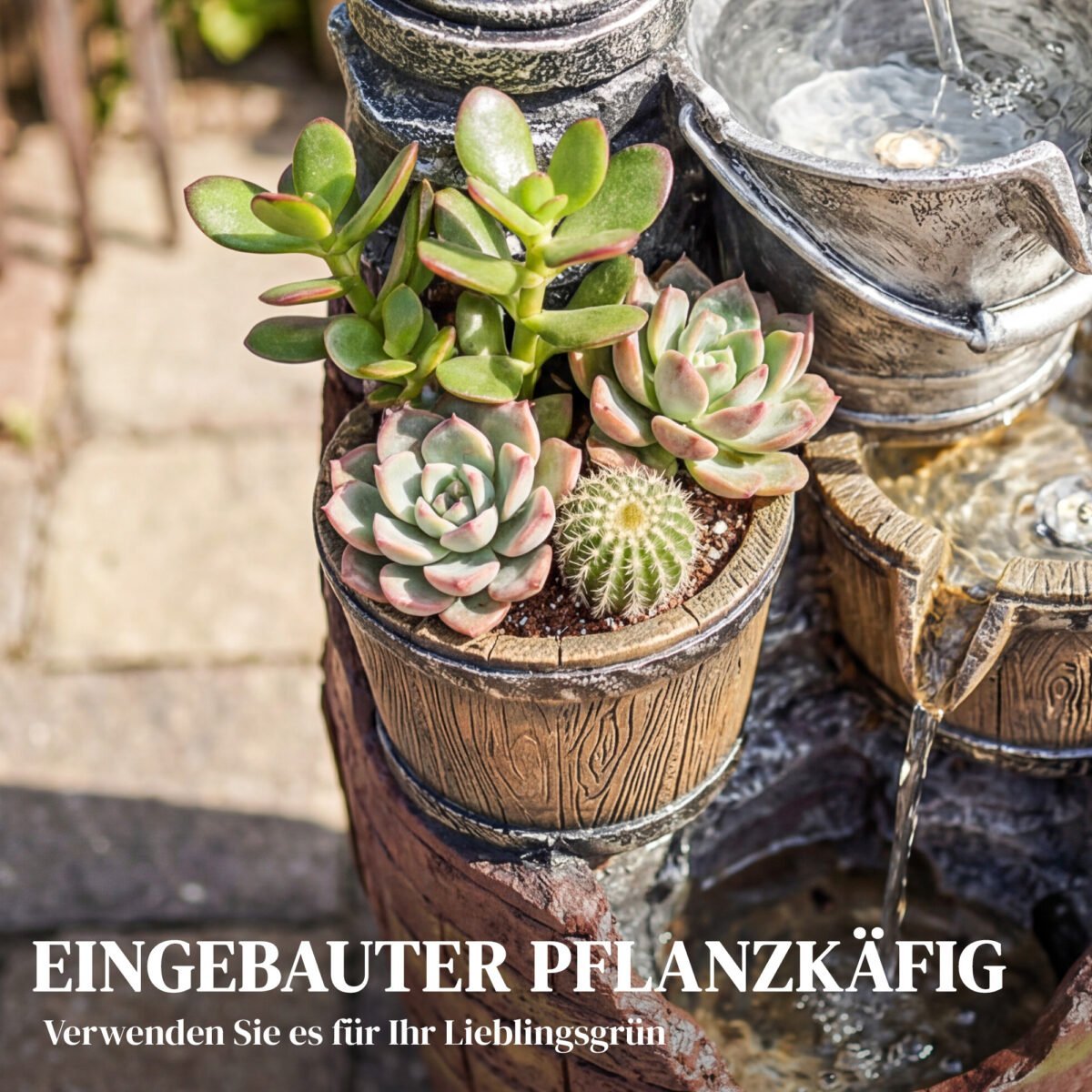 Rustikalus 4-pakopis sodo fontanas su LED apšvietimu ir gėlių vazonu – Paveikslėlis 5