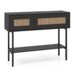 Siauras konsolinis staliukas su 2 uždaromais skyriais ir atvira lentyna (Juoda)