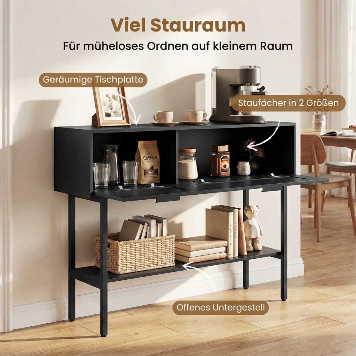 Siauras konsolinis staliukas su 2 uždaromais skyriais ir atvira lentyna (Juoda) – Paveikslėlis 5