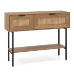 Siauras konsolinis staliukas su dviem uždarais skyriais ir atvira lentyna (Natūrali)