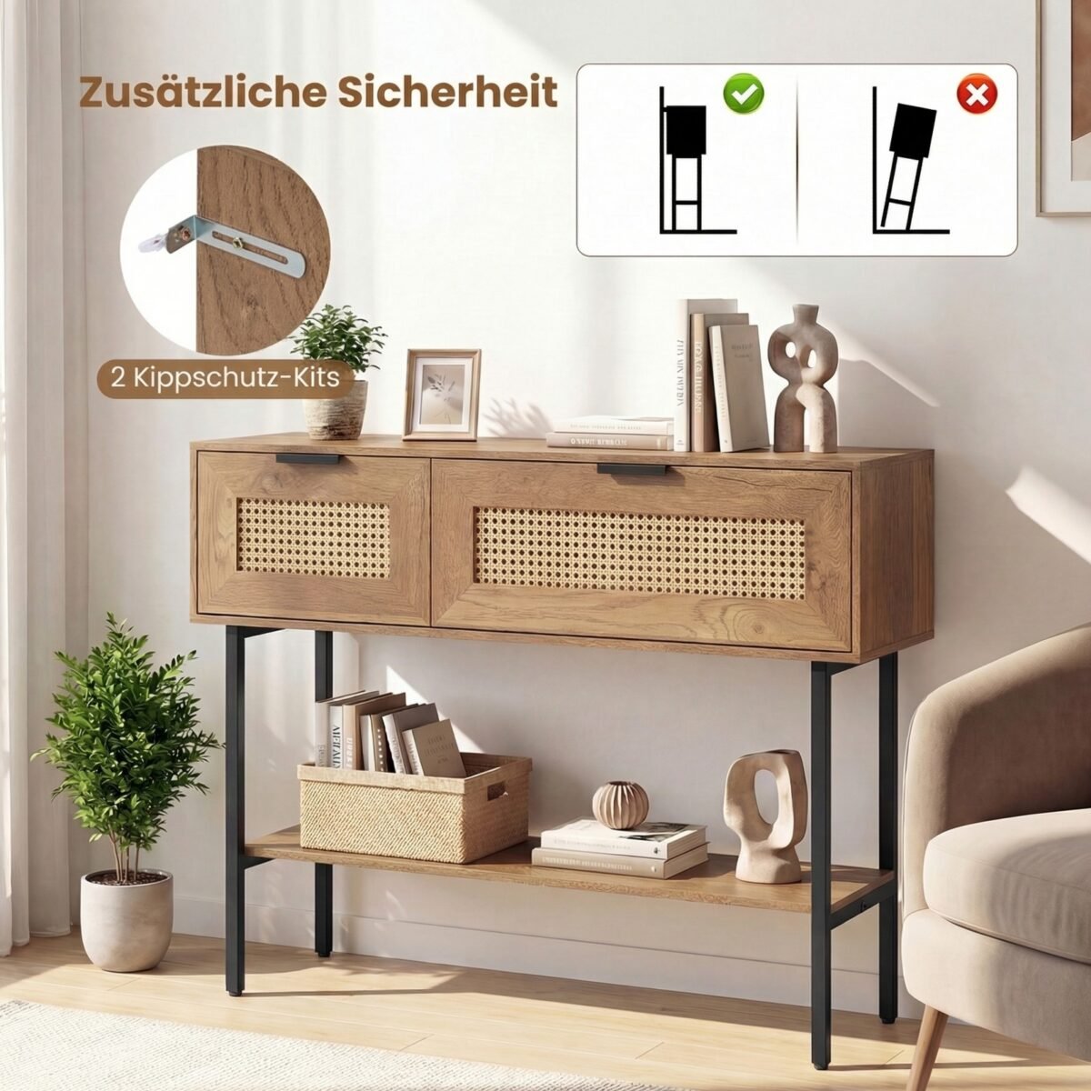 Siauras konsolinis staliukas su dviem uždarais skyriais ir atvira lentyna (Natūrali) – Paveikslėlis 5