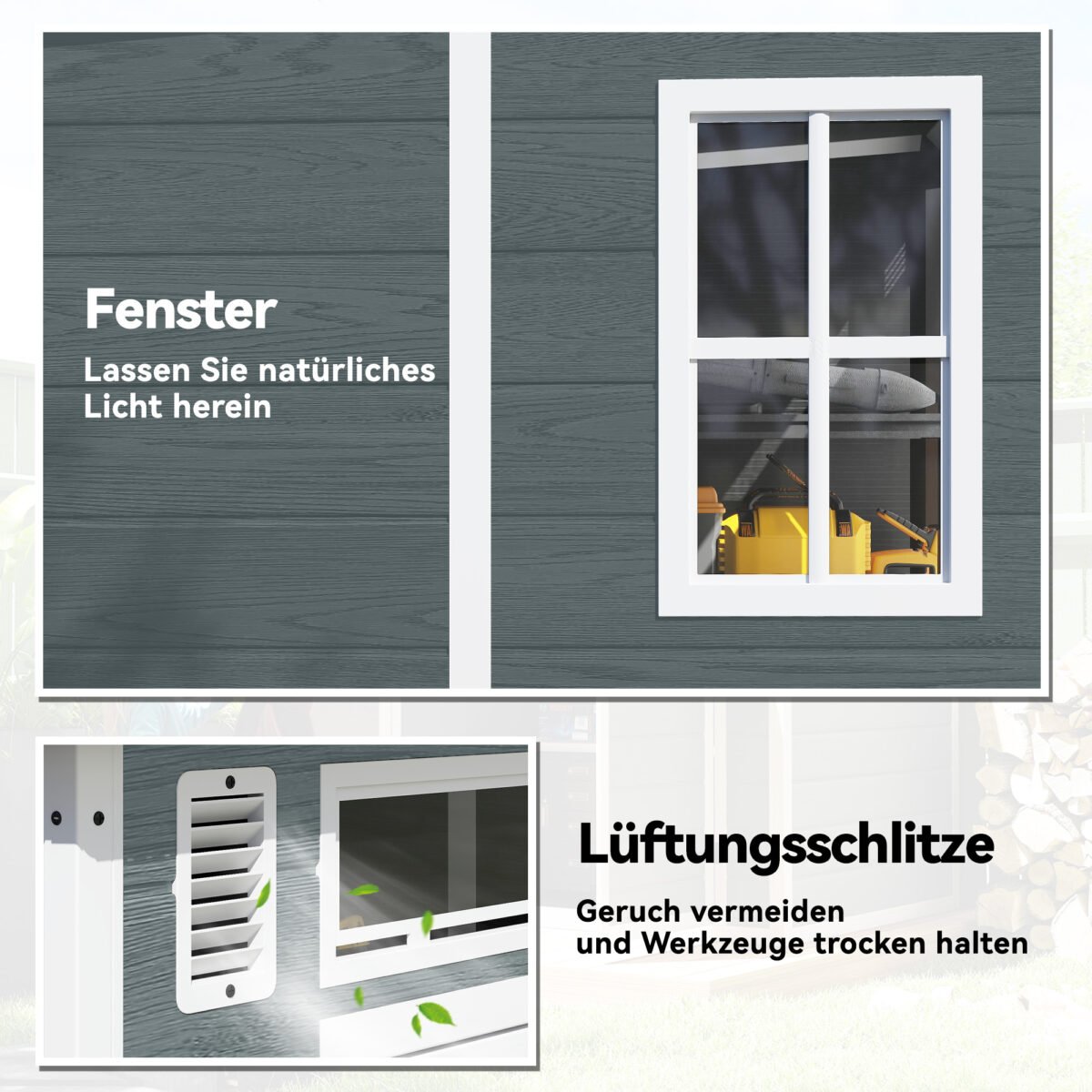 Sodo sandėliukas 2,89 m² medienos imitacijos su dvigubomis durimis ir langais – Paveikslėlis 5