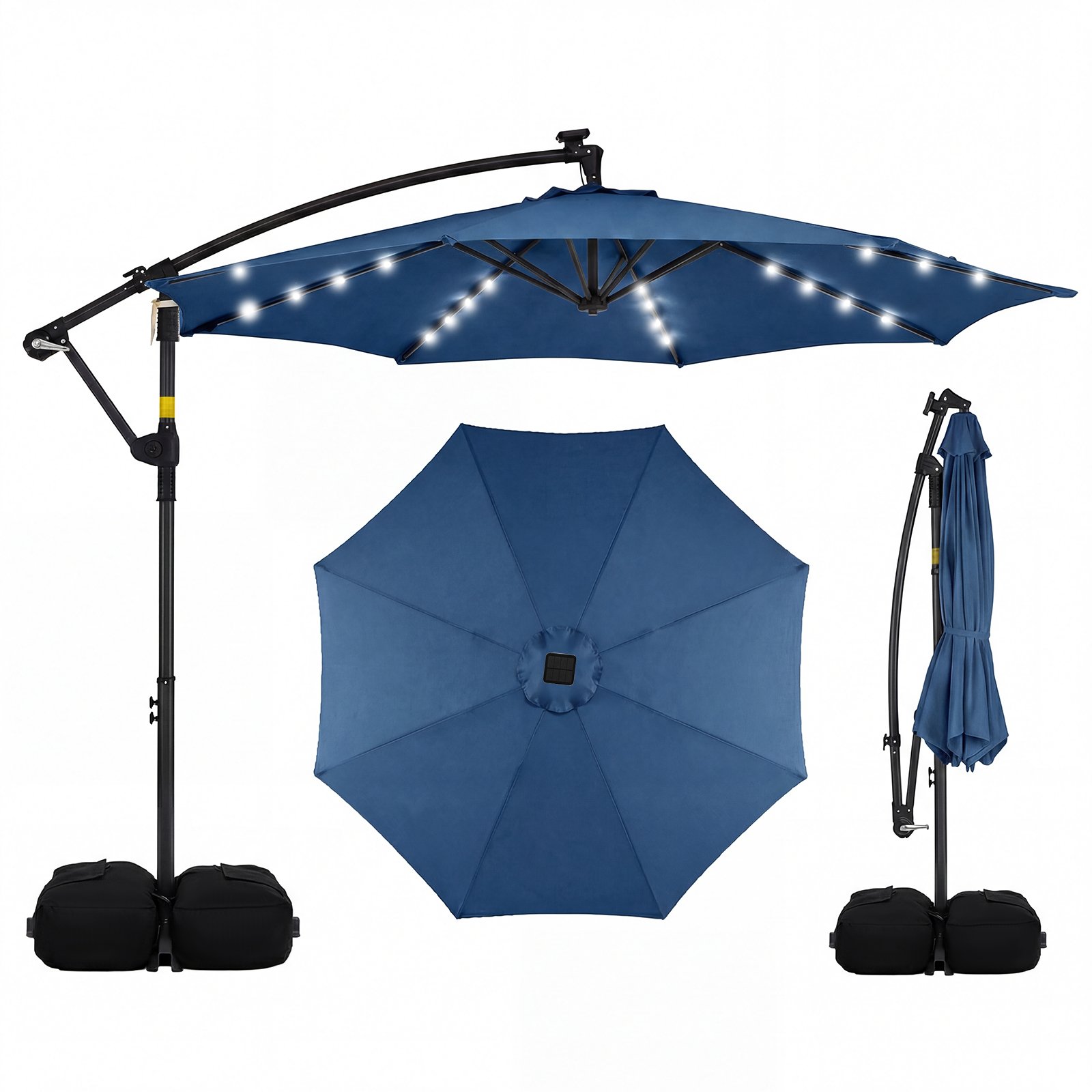 Sodo skėtis su LED apšvietimu ir 360° pasukimu (Tamsiai mėlyna)