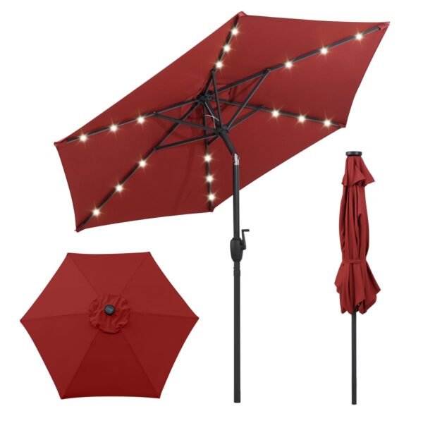 Sodo skėtis su saulės LED apšvietimu ir rankenėle Ø 230 cm (Vyno)