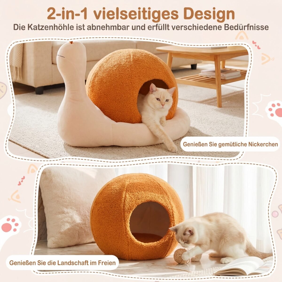 Sraigės formos kačių guolis 2 viename su minkšta pagalvėle (Ruda) – Paveikslėlis 3