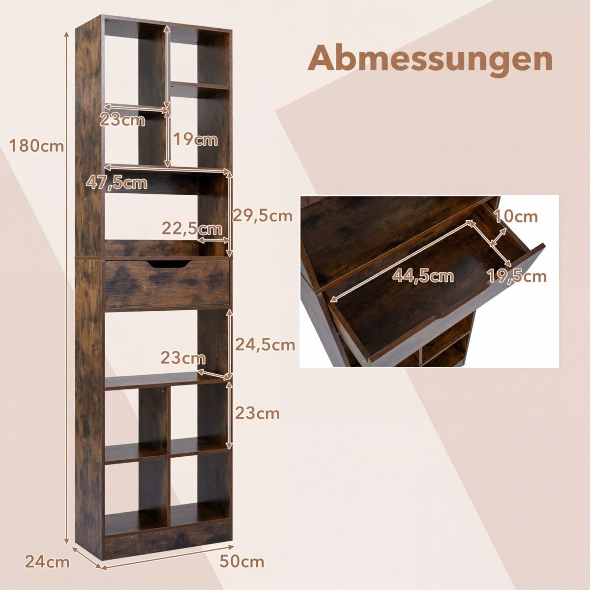 Stabili medinė knygų lentyna su 10 skyriais ir 1 stalčiumi (Kaimiška ruda) – Paveikslėlis 2