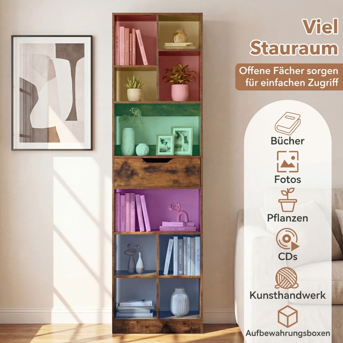 Stabili medinė knygų lentyna su 10 skyriais ir 1 stalčiumi (Kaimiška ruda) – Paveikslėlis 3