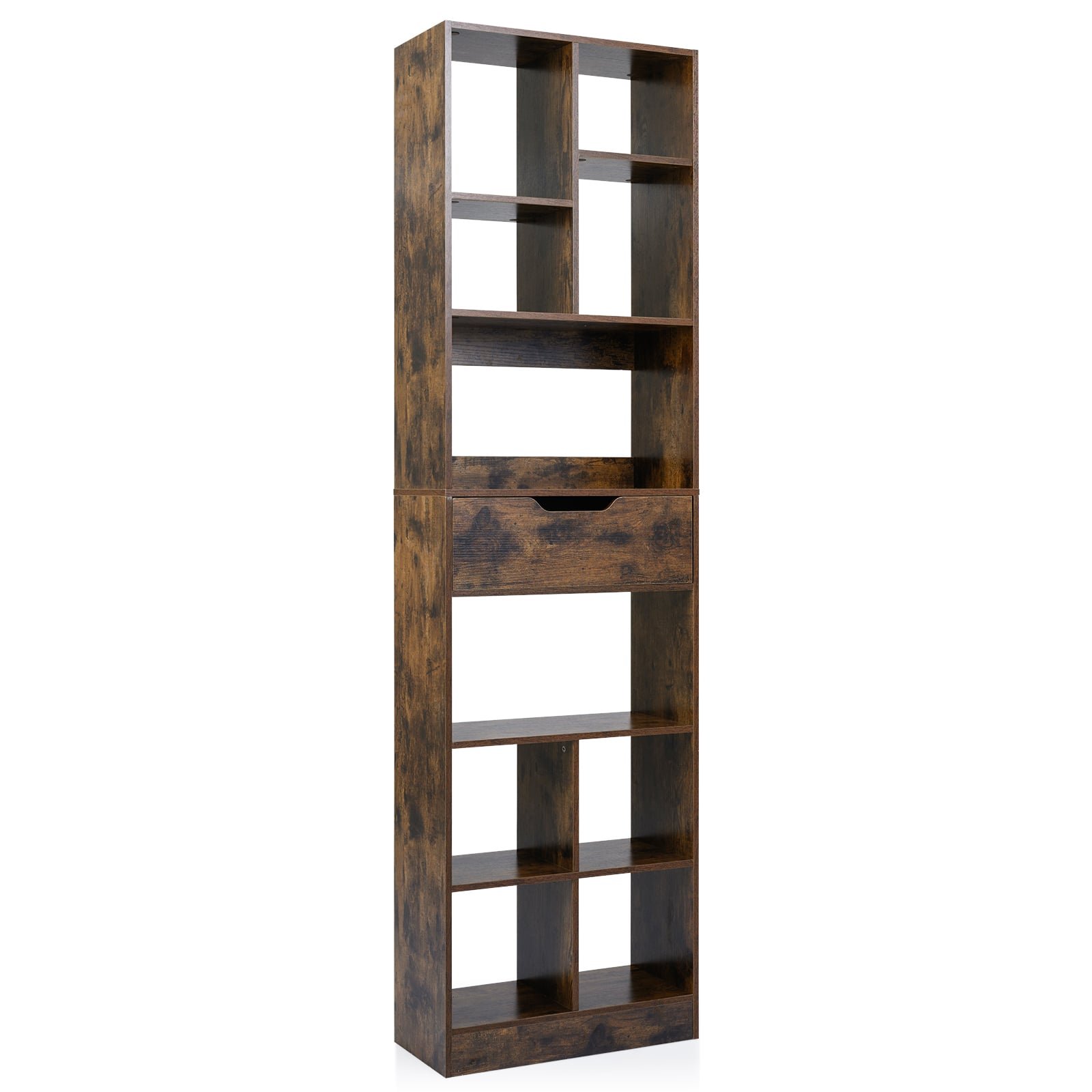 Stabili medinė knygų lentyna su 10 skyriais ir 1 stalčiumi (Kaimiška ruda)
