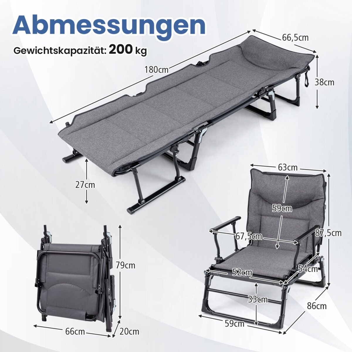 Sulankstomas 3 viename kempingo gultas su reguliuojama atlošo padėtimi (Pilka) – Paveikslėlis 2