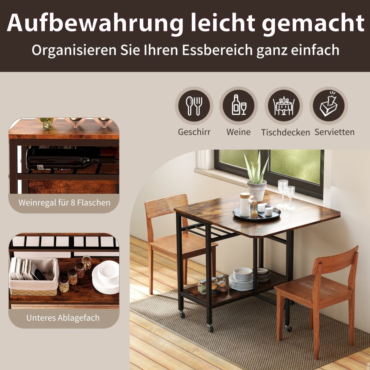 Sulankstomas valgomasis stalas su ratukais ir integruota lentyna (Rusvai ruda) – Paveikslėlis 4