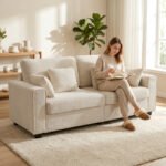 Trivietė sofa su gilia sėdyne ir dirbtinio aksomo apmušalais – Paveikslėlis 2