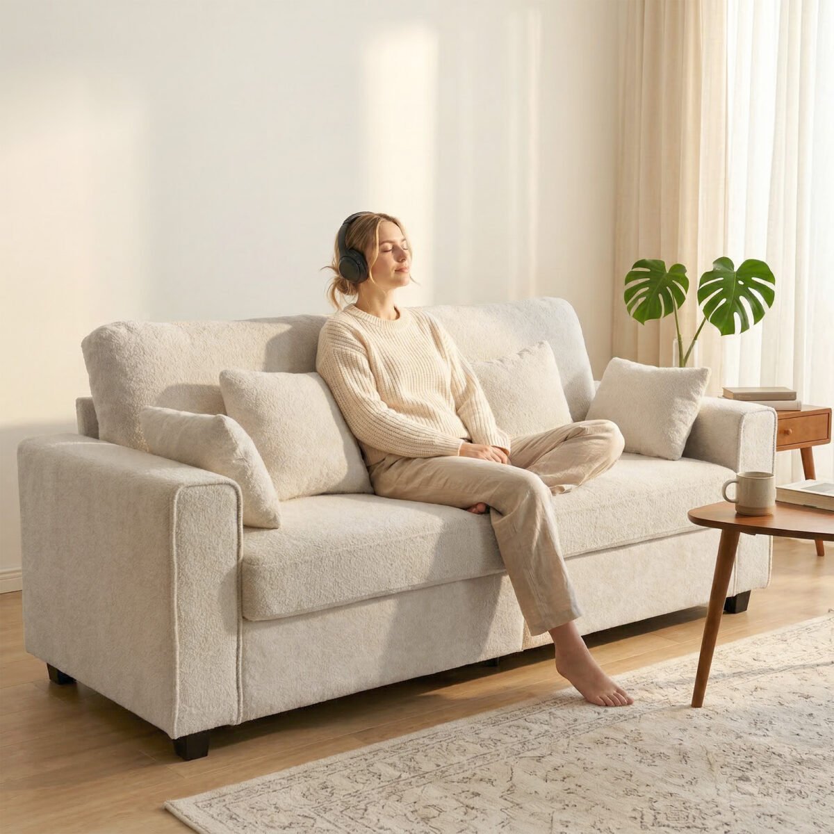 Trivietė sofa su gilia sėdyne ir dirbtinio aksomo apmušalais – Paveikslėlis 8