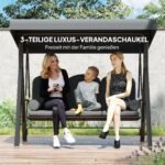 Trivietės sodo sūpuoklės su stogeliu ir šoniniais staliukais