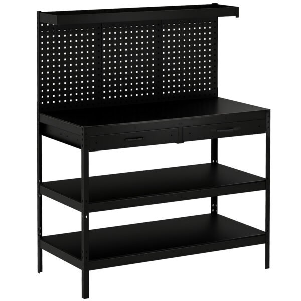 Tvirtas darbastalis su reguliuojamomis lentynomis ir įrankių sienele