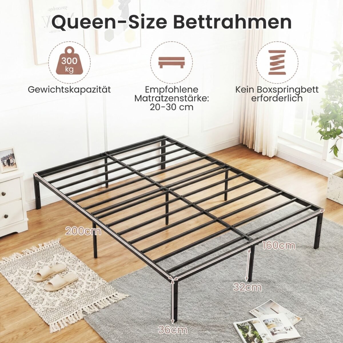 Tvirtas metalinis platforminės lovos rėmas su grotelėmis (Juoda) – Paveikslėlis 2