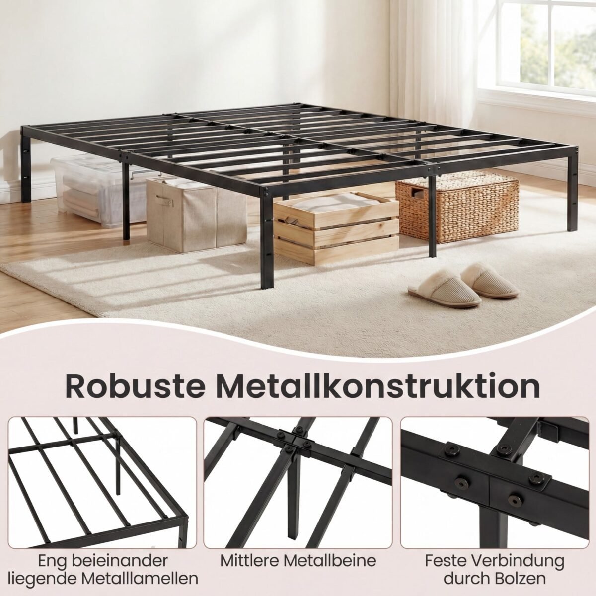 Tvirtas metalinis platforminės lovos rėmas su grotelėmis (Juoda) – Paveikslėlis 3