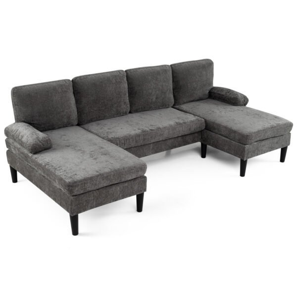 U-formos 5-6 vietų kampinė sofa su šeniliniais apmušalais (Pilka)