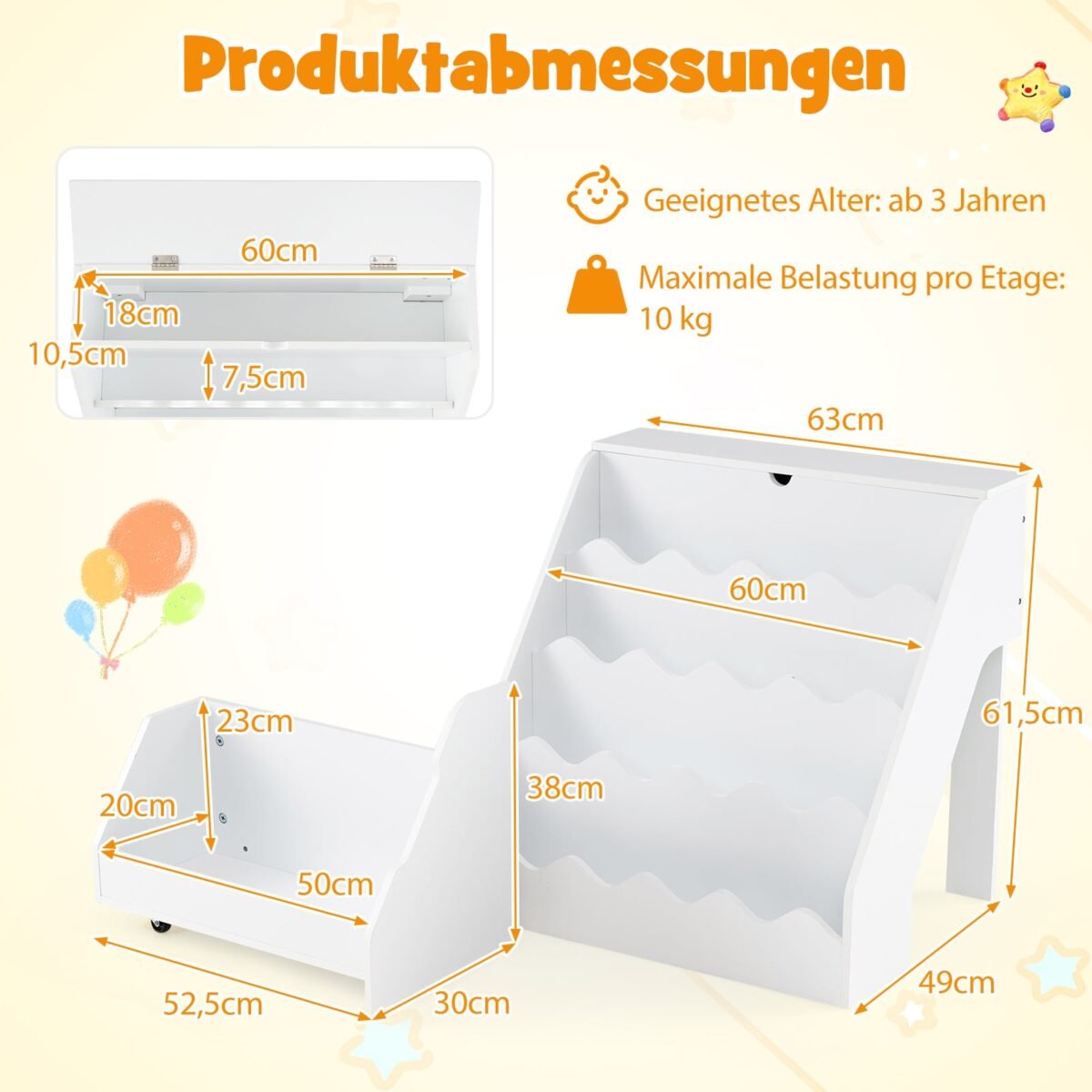 Vaikų knygų lentyna su 4 pakopomis atidaromu skyriumi ir ištraukiama dėtuve (Balta) – Paveikslėlis 2