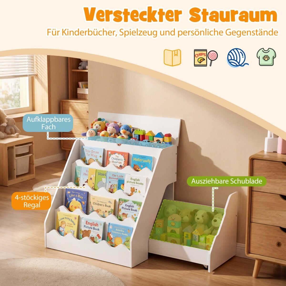 Vaikų knygų lentyna su 4 pakopomis atidaromu skyriumi ir ištraukiama dėtuve (Balta) – Paveikslėlis 3