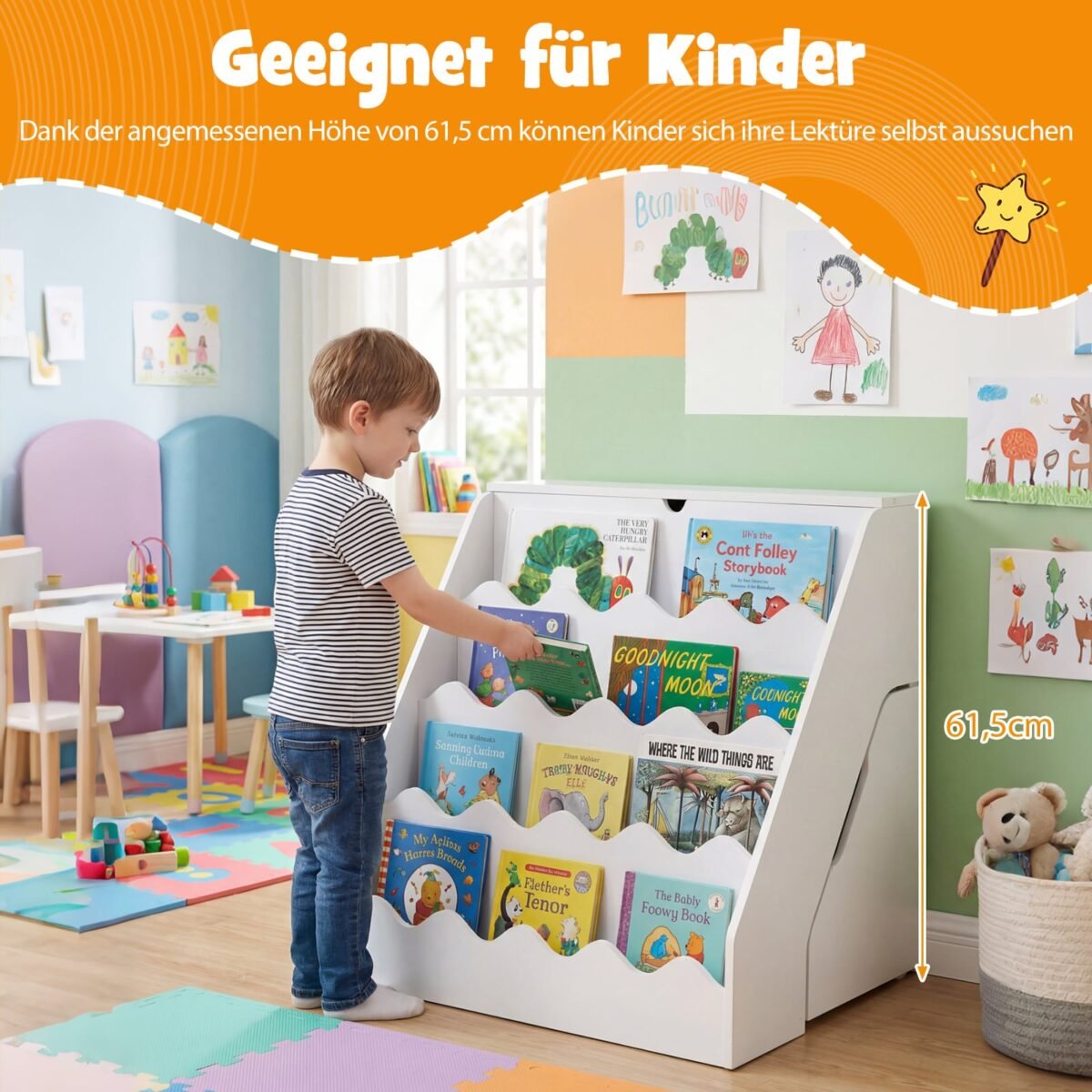 Vaikų knygų lentyna su 4 pakopomis atidaromu skyriumi ir ištraukiama dėtuve (Balta) – Paveikslėlis 4
