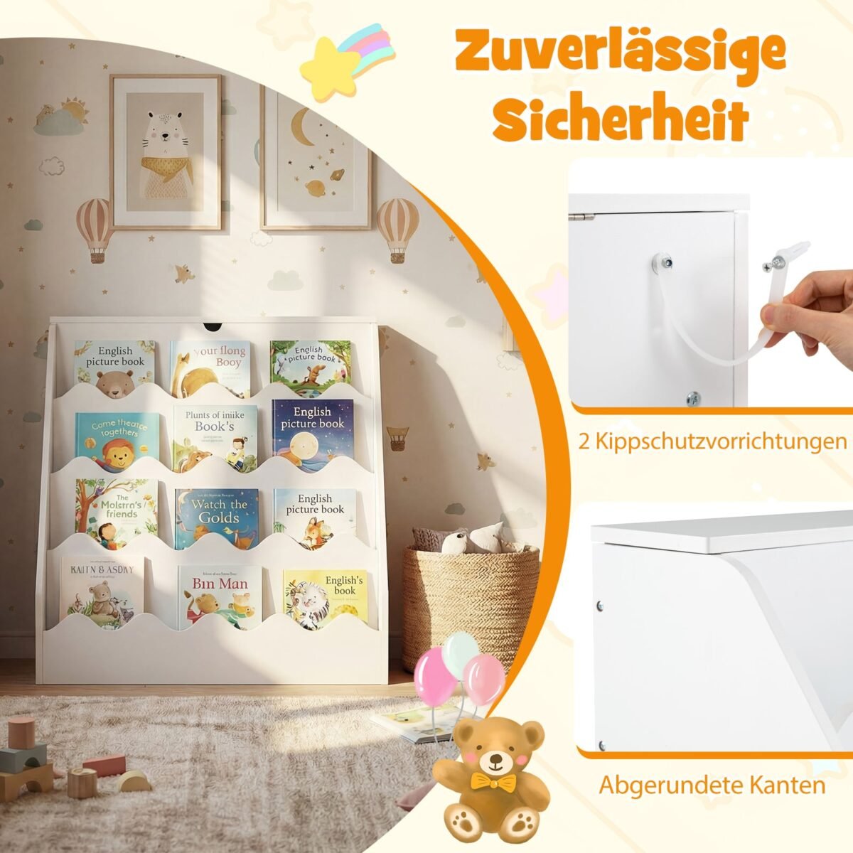 Vaikų knygų lentyna su 4 pakopomis atidaromu skyriumi ir ištraukiama dėtuve (Balta) – Paveikslėlis 5