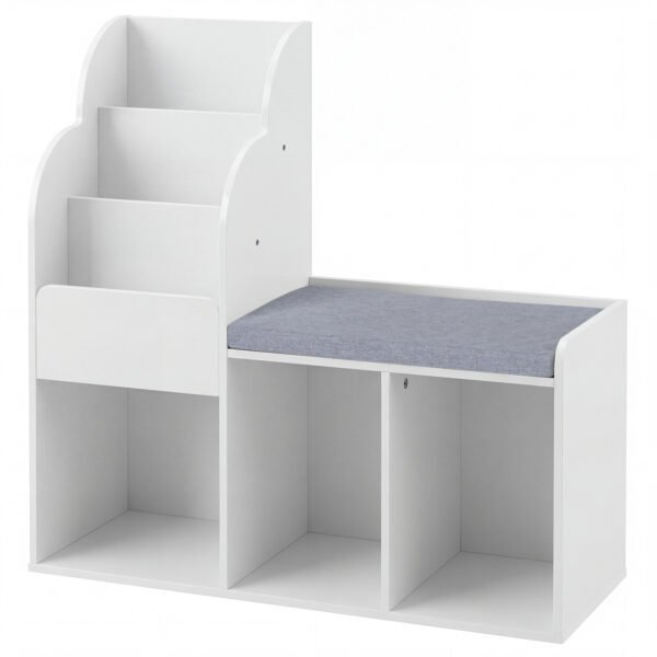 Vaikų knygų lentyna su sėdimuoju suoliuku ir integruota daiktadėže (Balta)