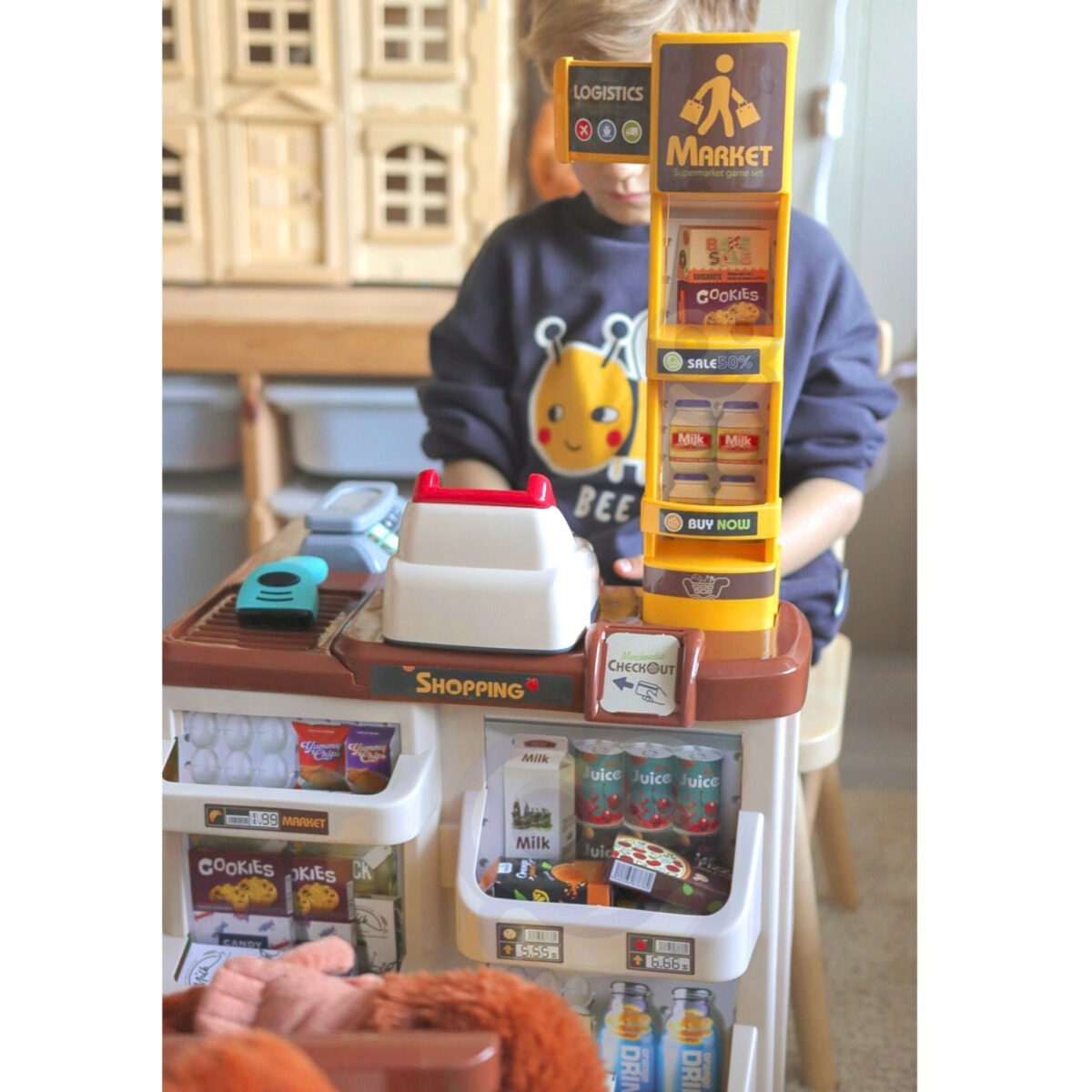 Žaislinis prekybos centras su vežimėliu, svarstyklėmis, kasa, skeneriu ir 48 priedais – Paveikslėlis 6