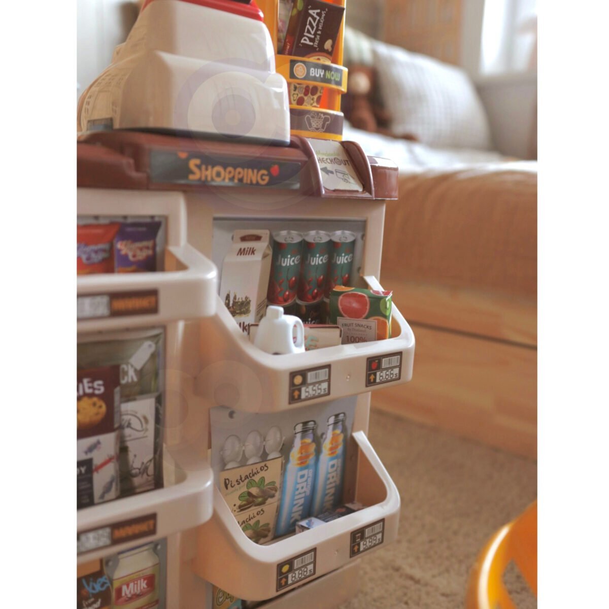 Žaislinis prekybos centras su vežimėliu, svarstyklėmis, kasa, skeneriu ir 48 priedais – Paveikslėlis 9