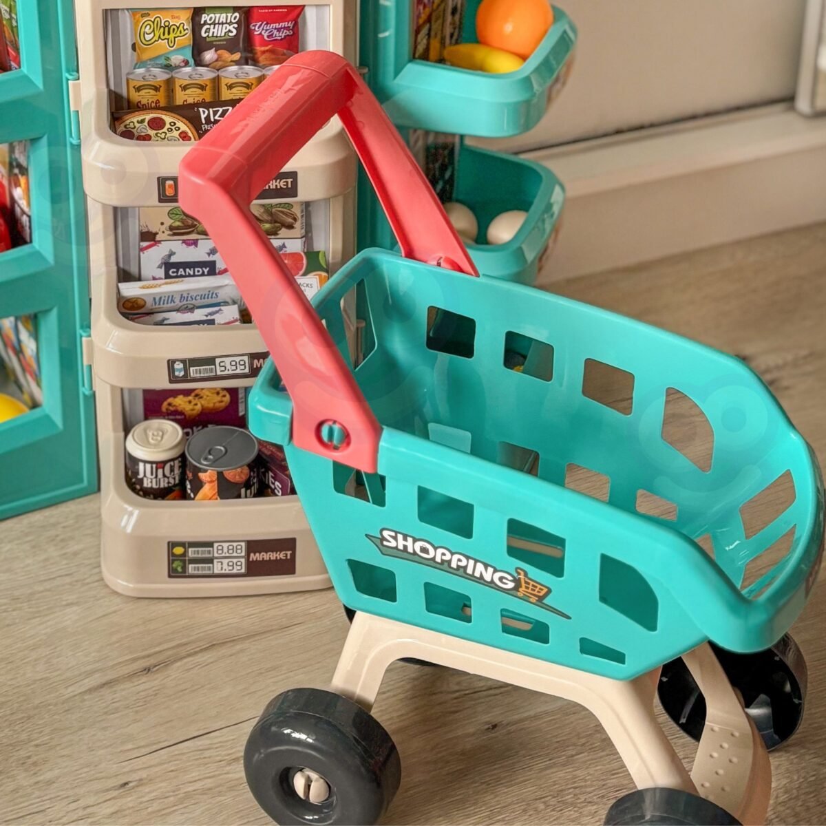 Žaislinis supermarketas su kasa, skaitytuvu, vežimėliu ir 47 priedais – Paveikslėlis 5