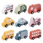 Spalvotų medinių miesto transporto priemonių 9 dalių rinkinys dėžutėje