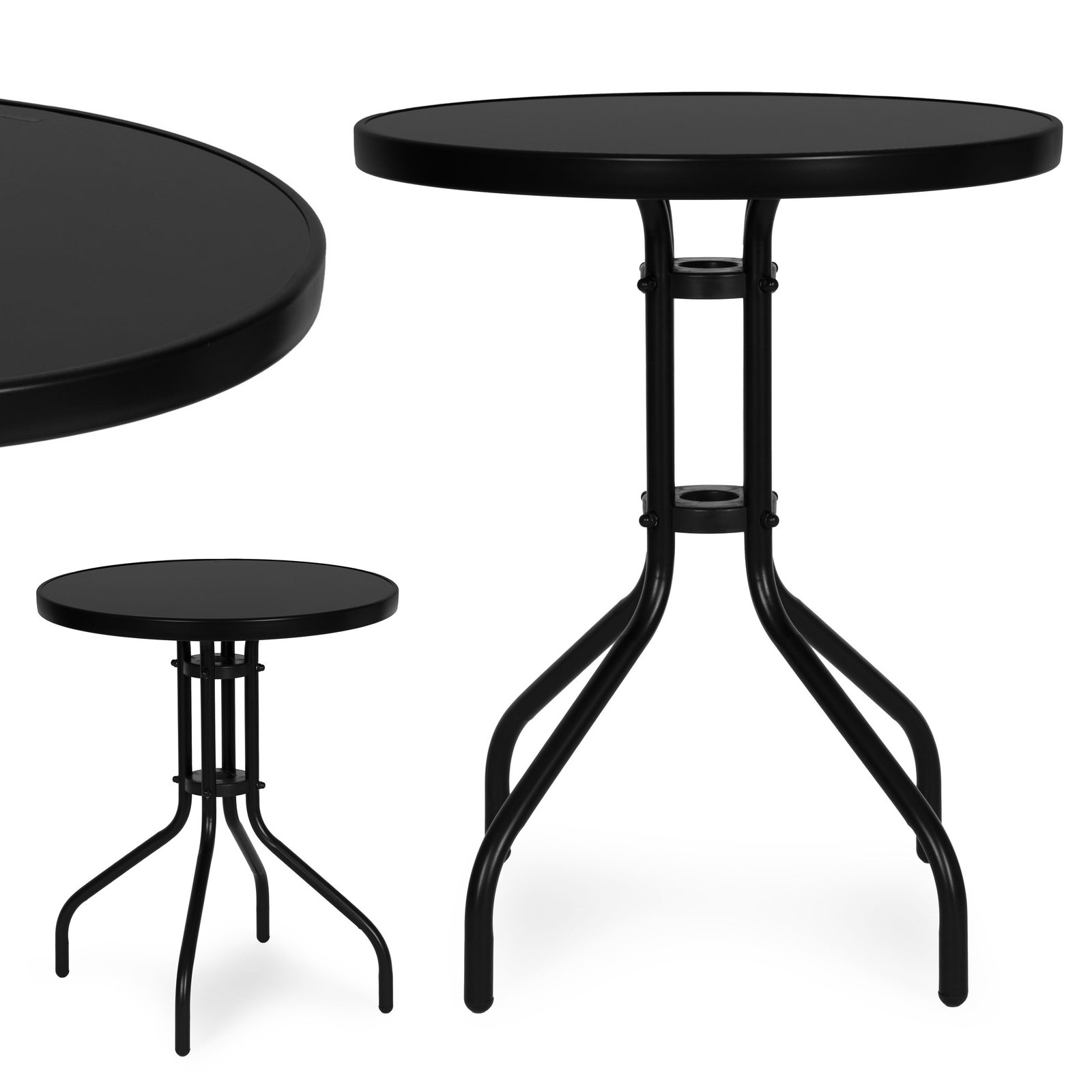 Apvalus 60 cm skersmens juodas stiklinis lauko staliukas Apvalus 60 cm skersmens juodas stiklinis lauko staliukas