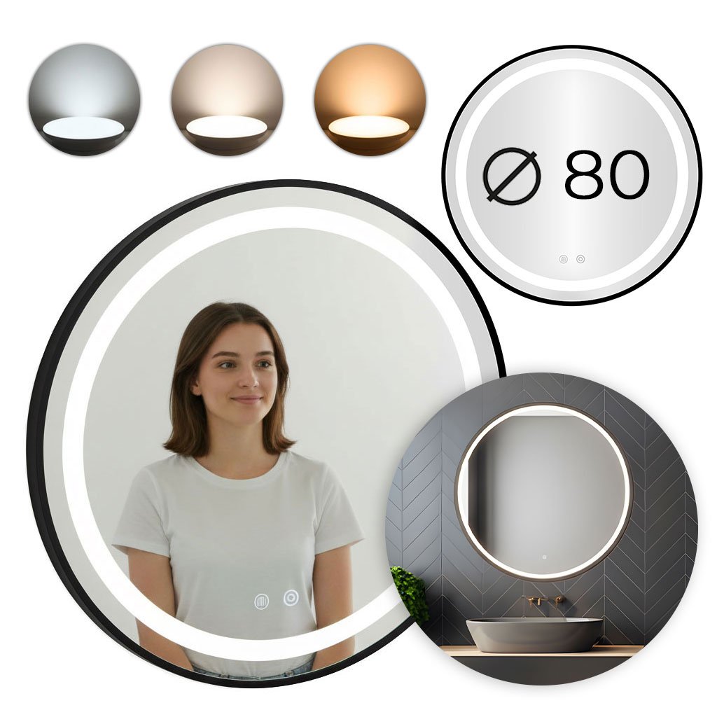 Apvalus LED vonios veidrodis 80 cm su trimis šviesos spalvomis ir anti-rasojimo funkcija