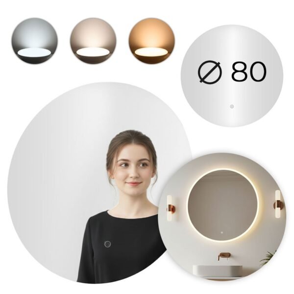 Apvalus sieninis LED veidrodis 80 cm su jutikliniu jungikliu