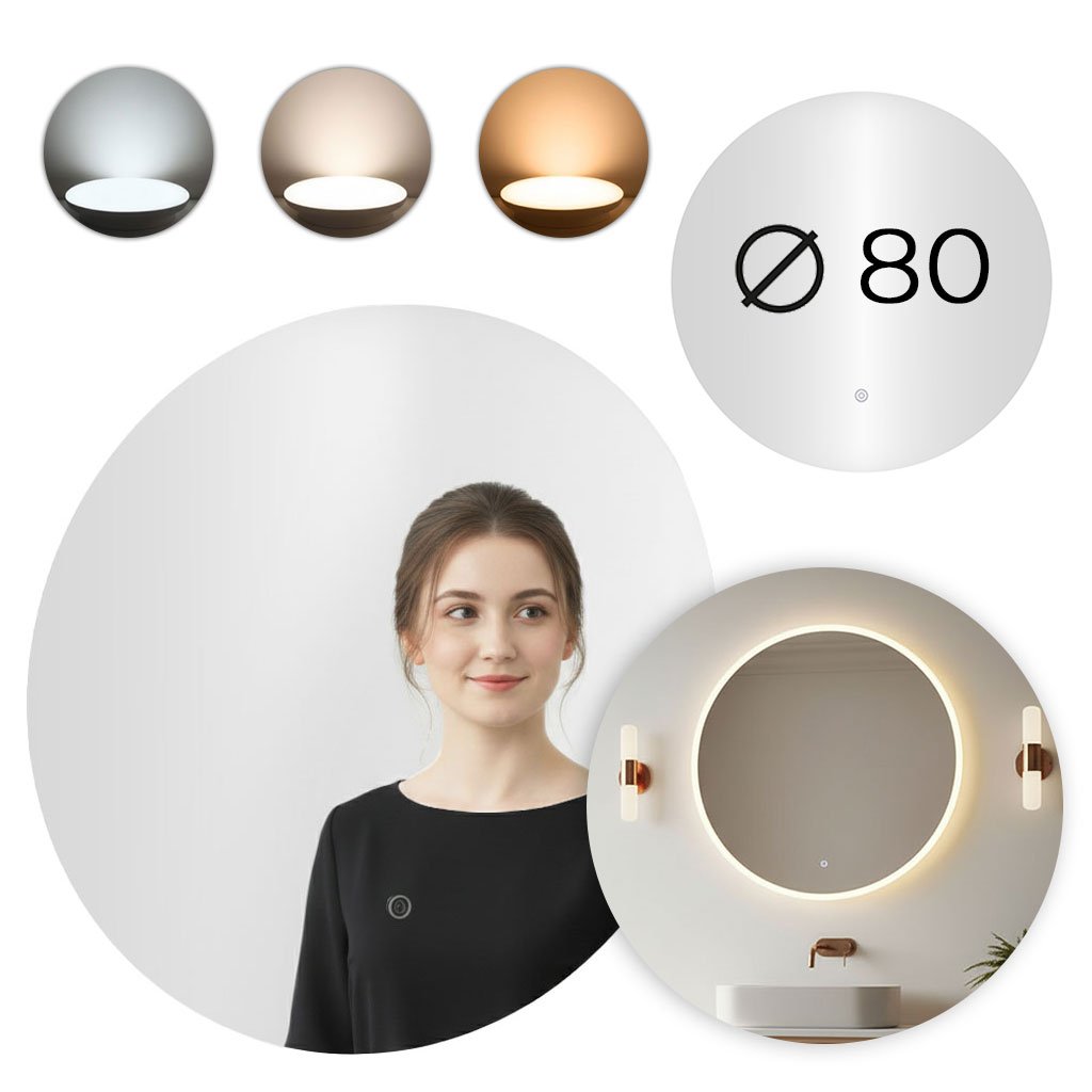 Apvalus sieninis LED veidrodis 80 cm su jutikliniu jungikliu